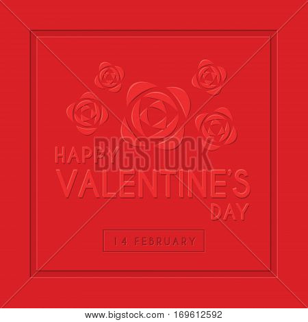 Happy Valentine's Day greeting card template design with emboss text & red roses. 14 february vector illustration.