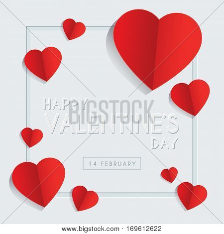 Happy Valentine's Day greeting card template design with emboss text & red heart shape on white background. 14 february vector illustration.