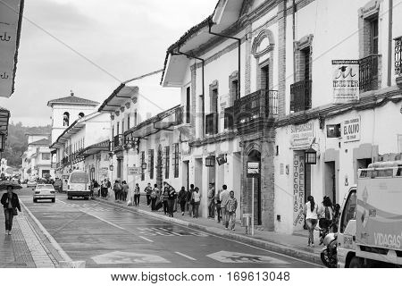 popayan, colombia - November, 27th, 2015 - houses on main street in white city popayan colombia south america