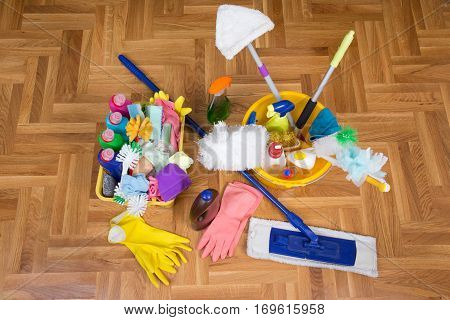 Cleaning Supplies And Equipment On Floor