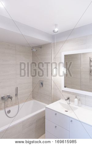 bathroom Interior. bathroom mirror with a Stand Mirror table