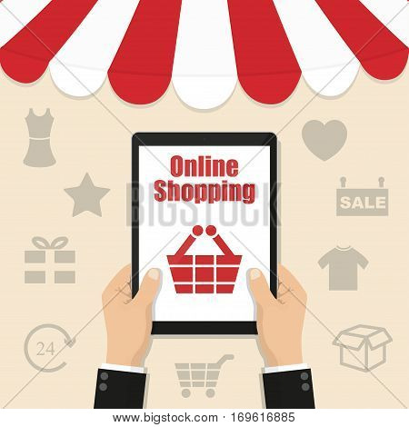 Hands holding tablet. Online shop. Vector illustration