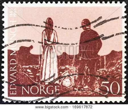 NORWAY - CIRCA 1963: A stamp printed in Norway issued for the birth centenary of Edvard Munch (painter and engraver) shows 