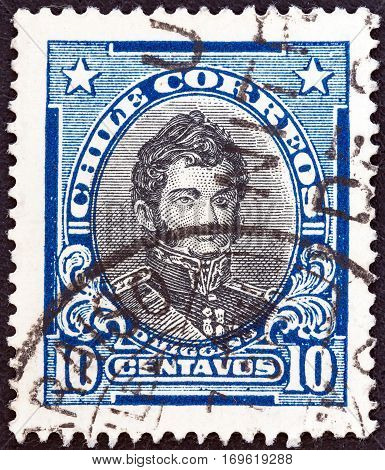 CHILE - CIRCA 1930: A stamp printed in Chile shows independence leader Bernardo O'Higgins Riquelme, circa 1930.
