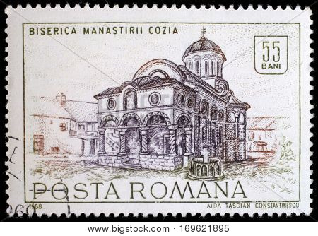 ZAGREB, CROATIA - JULY 19: a stamp from Romania shows image of Cozia monastery church, from the historic monuments series, circa 1968, on July 19,2012.