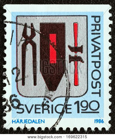 SWEDEN - CIRCA 1986: A stamp printed in Sweden from the "Rebate Stamps. Arms of Swedish Provinces (6th series)" issue shows Harjedalen coat of arms, circa 1986.