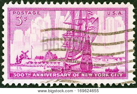 USA - CIRCA 1953: A stamp printed in USA issued for the 300th anniversary of New York City shows New York in 1653 and 1953, circa 1953.