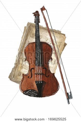 Watercolor bright card with violin and bow on retro music books. Hand drawn vintage collage illustration with music books violin and bow.Greeting object art.