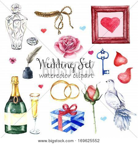 Watercolor modern elegant wedding style set. Various objects: roses petals champagne bottle and glass dove picture with hert ink pen key present and wedding rings. Hand painted design set.