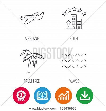 Airplane, waves and palm tree icons. Hotel linear sign. Award medal, growth chart and opened book web icons. Download arrow. Vector