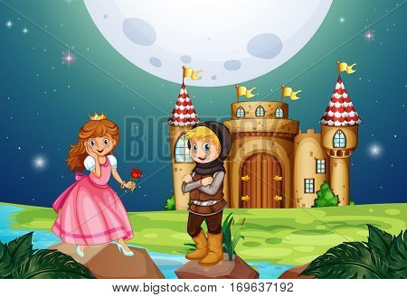 Princess and knight at the castle illustration