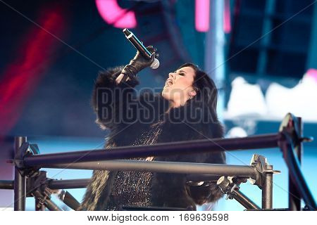 NEW YORK-DEC 31: Recording artist Demi Lovato performs during Dick Clark's New Year's Rockin' Eve at Times Square on December 31, 2015 in New York City.