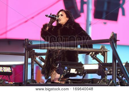 NEW YORK-DEC 31: Recording artist Demi Lovato performs during Dick Clark's New Year's Rockin' Eve at Times Square on December 31, 2015 in New York City.