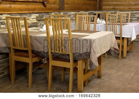 Interior of a cafe in a wooden house