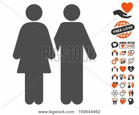Adult Pair icon with bonus love symbols. Vector illustration style is flat iconic elements for web design app user interfaces.