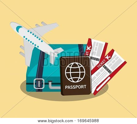briefcase, board ticket, aiplane and passport icon over yellow background . travel and tourism concept. colorful design. vector illustration