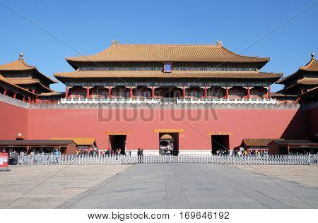 BEIJING - FEBRUARY 23:  The Meridian Gate Wumen in the Forbidden City, Beijing, China, February 23, 2016.