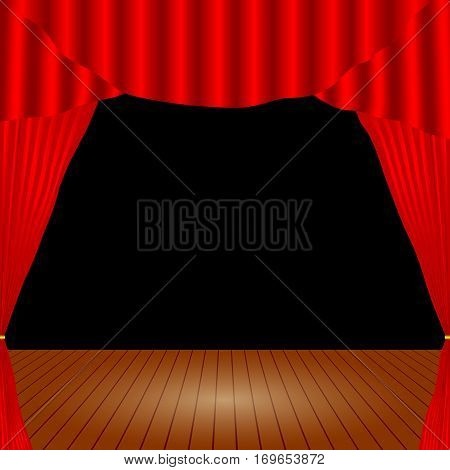 Cartoon theater. Theater curtain. Open theater curtain. Red silk side scenes on stage. Stock vector