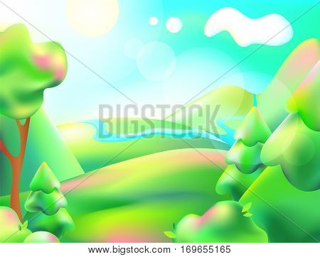 Vector illustration of colorful nature. Cartoon landscape of a sunny summer day. Children background depicts a forest mountain river trees sky clouds