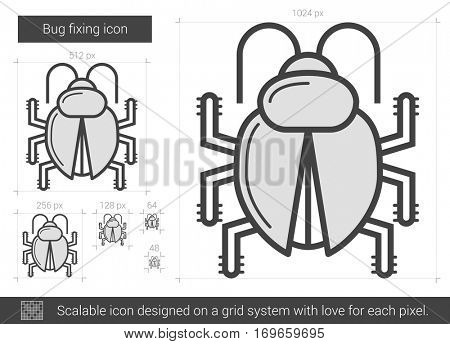Bug fixing vector line icon isolated on white background. Bug fixing line icon for infographic, website or app. Scalable icon designed on a grid system.