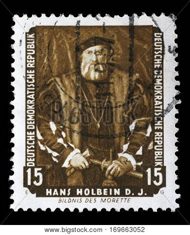 ZAGREB, CROATIA - SEPTEMBER 06: A stamp printed in DDR shows the painting Portrait of Morette, by Hans Holbein, from the series Famous Paintings from Dresden Gallery, circa 1957, on September 06, 2014
