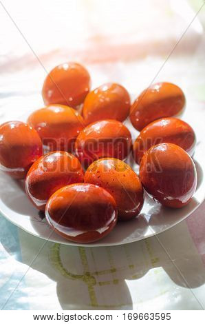 Easter eggs, painted with husk from the bow. Russia