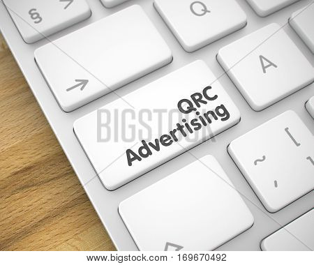 Service Concept: QRC Advertising on Laptop Keyboard lying on the Wood Background. Inscription on the Keyboard Enter Button, for QRC Advertising Concept. 3D Render.