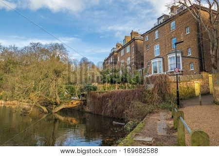 Luxury typical brick british houses with gardens in front of a lake with a fallen tree into the water.