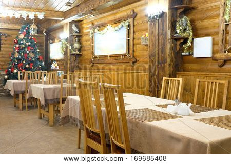 Interior of a cafe in a wooden house