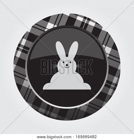 black isolated button with gray black and white tartan pattern on the border - light gray happy smiling rabbit - front view icon in front of a gray background