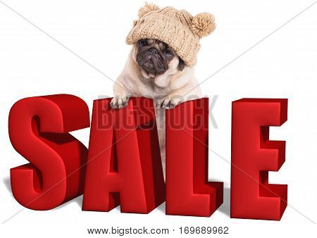 cute pug puppy dog hanging with paws on big red sale sign isolated on white background