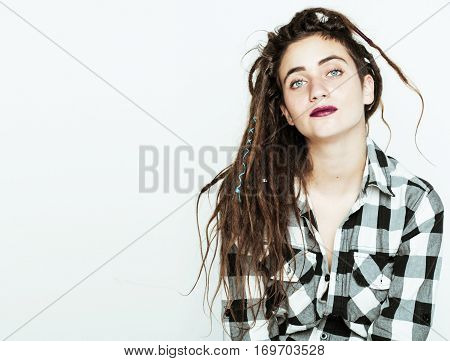real caucasian woman with dreadlocks hairstyle funny cheerful faces on white background