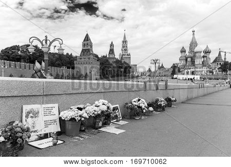 MOSCOW - SEPTEMBER 22 2015: Memorial to Boris Nemtsov on Bolshoy Moskvoretsky Bridge. Politician was assassinated here on February 27 2015