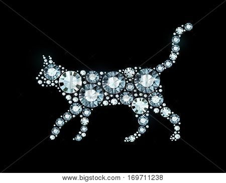 Vector Cat Made of Shiny Diamonds On Black