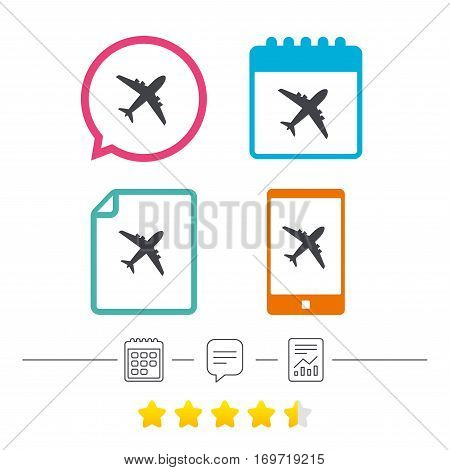 Airplane sign. Plane symbol. Travel icon. Flight flat label. Calendar, chat speech bubble and report linear icons. Star vote ranking. Vector