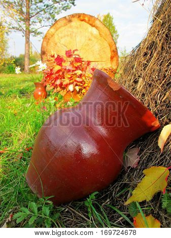 Autumn Country Still Life crock and haystack