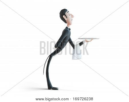 Waiter in tail-coat holding empty tray and napkin. 3d illustration