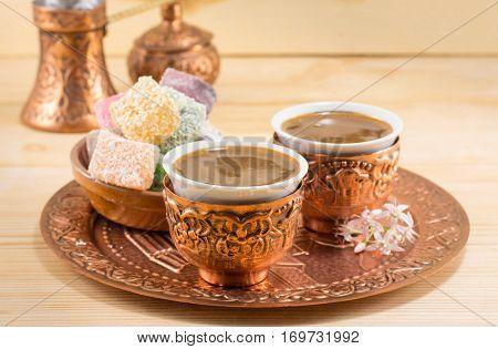 Coffee And Turkish Delight In A Copper Cups