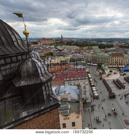 KRAKOW, POLAND - SEP 20, 2016: Top view of a historic buildings in the Old Sity. Krakow has been awarded a number of top international rankings such as the 1st place in the Top city-break destinations