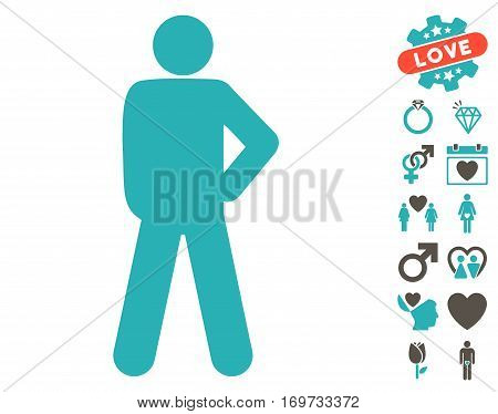 Audacity Pose icon with bonus love images. Vector illustration style is flat iconic grey and cyan symbols on white background.
