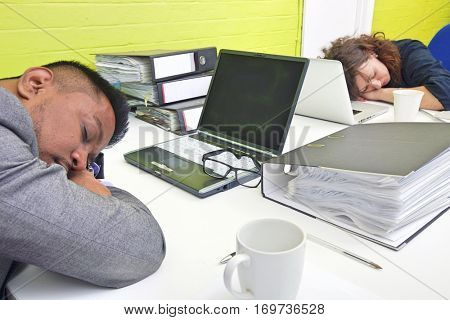 Colleagues asleep at their respective desk