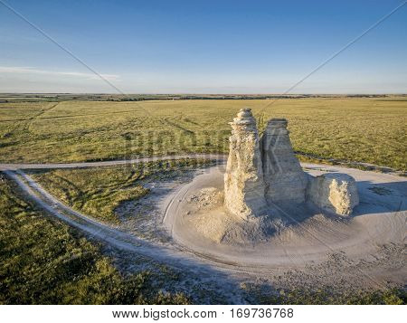 Castle Rock - limestone pillar landmark in prairie of western Kansas near Quinter (Gove County) - aerial view