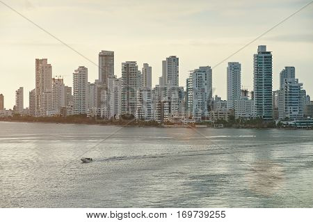 Cartagena cityscape view with skyscrapers next to sea. Modern building in Cartagena colombia