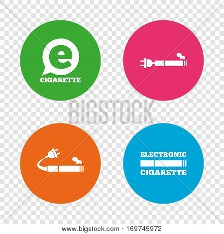 E-Cigarette with plug icons. Electronic smoking symbols. Speech bubble sign. Round buttons on transparent background. Vector