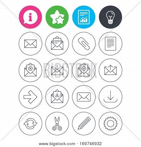 Information, light bulb and report signs. Mail services icons. Send mail, paper clip and download arrow symbols. Scissors, pencil and refresh thin outline signs. Receive, select and delete mail