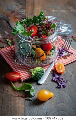 Quinoa salad with veggies and micro greens healthy homemade vegan food vegetarian diet vitamin snack