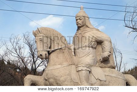 BADALING - FEBRUARY 24:  Stone statue of Ming Dynasty general Qi Jiguang, Shuiguan Great Wall, Badaling, Yanqing, China, February 24, 2016.
