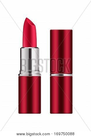 Mock-up of realistic sexy red lipstick. Decorative cosmetic product for glamour lip. Makeup lipgloss in stick. Blank template of container. Retro color. Vector illustration isolated on white