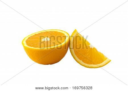 Close up slice of orange on white background