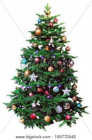 decorated Christmas tree isolated on white background